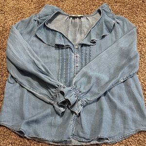 LOFT Denim Blue Ruffle Blouse